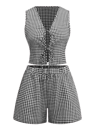 2PCS 1950s Plaid V-Neck Bind Vest & Shorts