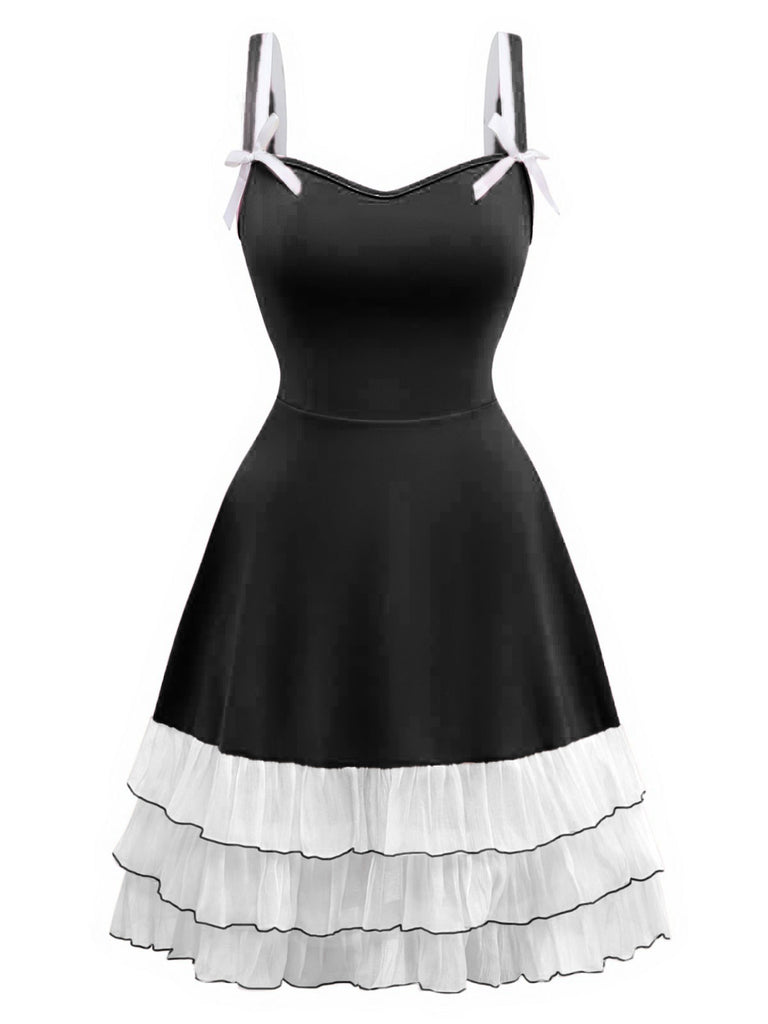 1950s Layered Hem Contrast Bow Strap Dress
