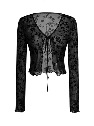 1980s Sheer Botanical Print Lace-Up Cardigan