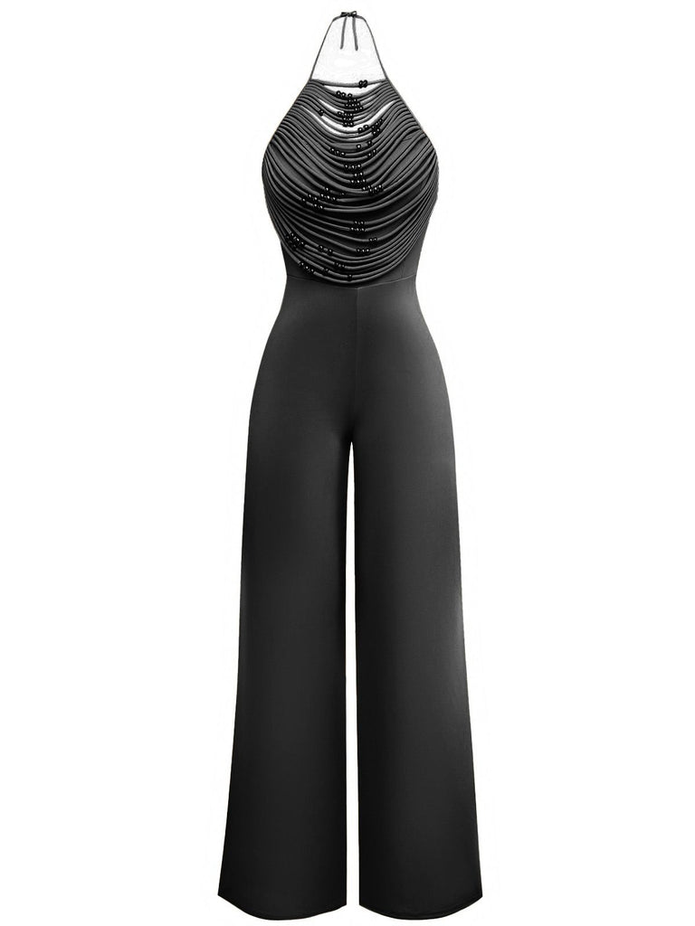 Beige 1960s Beaded Ruched Backless Wide-Leg Jumpsuit