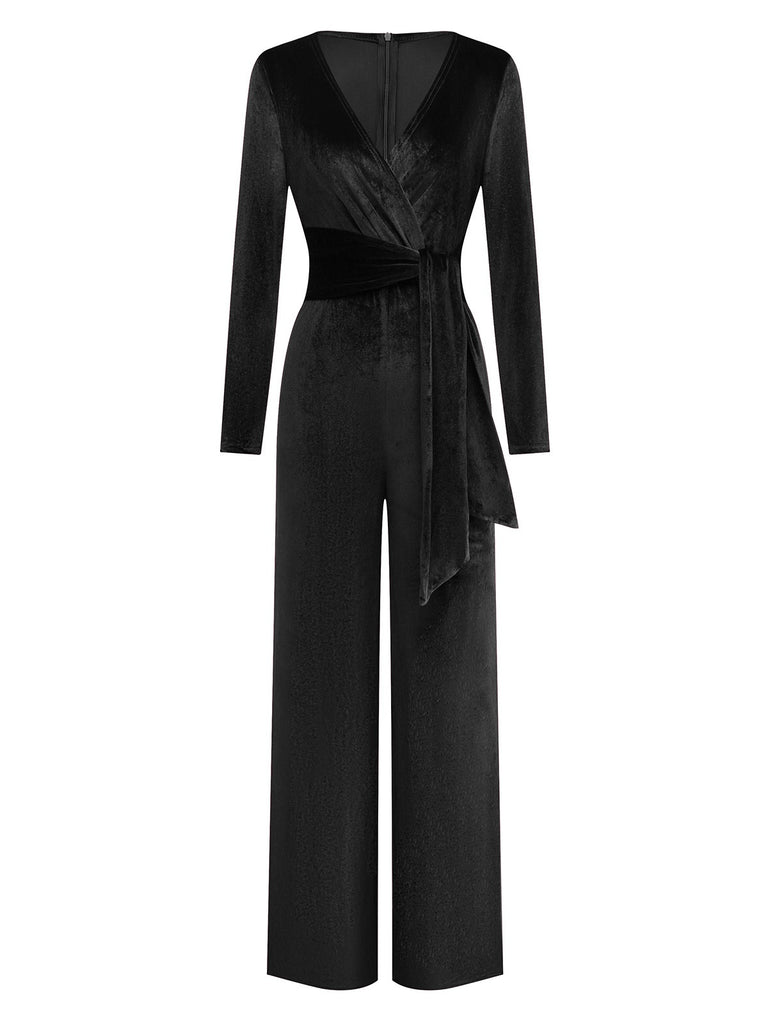 1970s Velvet Deep V-Neck Long Sleeve Jumpsuit