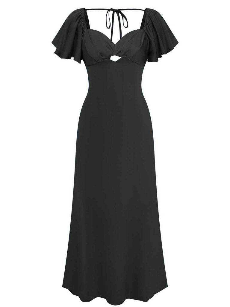 1930s Heart Neck Ruffled Sleeve Satin Dress