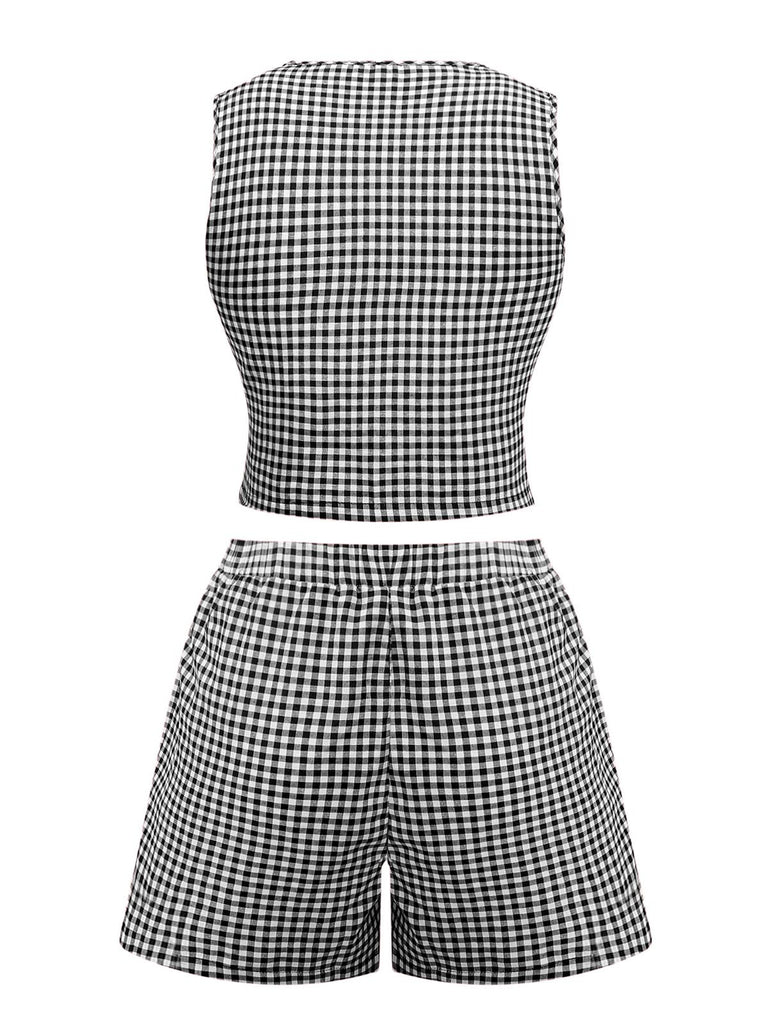 2PCS 1950s Plaid V-Neck Bind Vest & Shorts