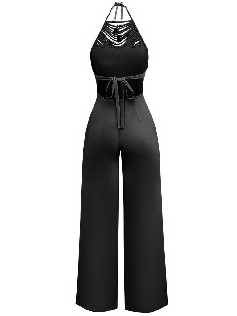 Beige 1960s Beaded Ruched Backless Wide-Leg Jumpsuit