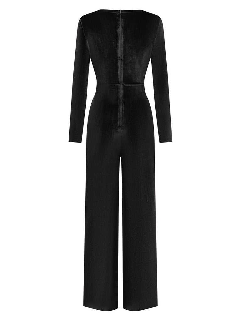 1970s Velvet Deep V-Neck Long Sleeve Jumpsuit