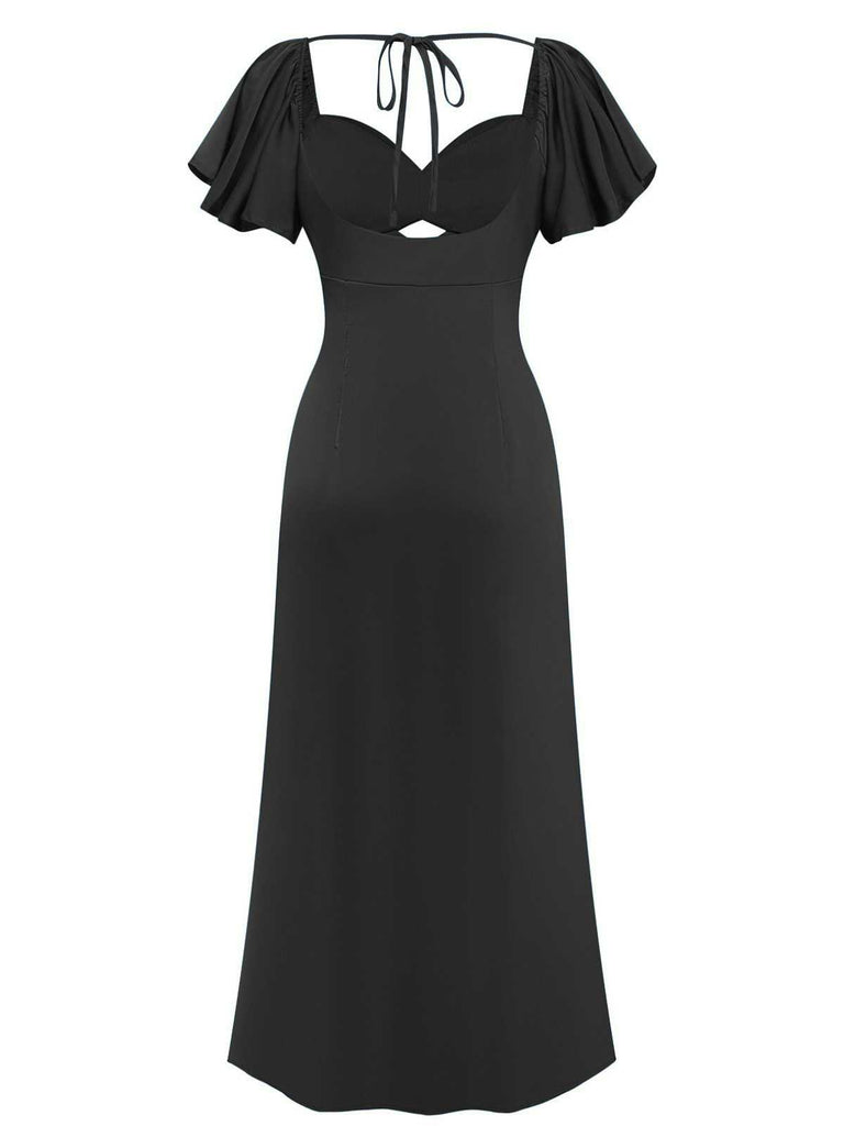 1930s Heart Neck Ruffled Sleeve Satin Dress