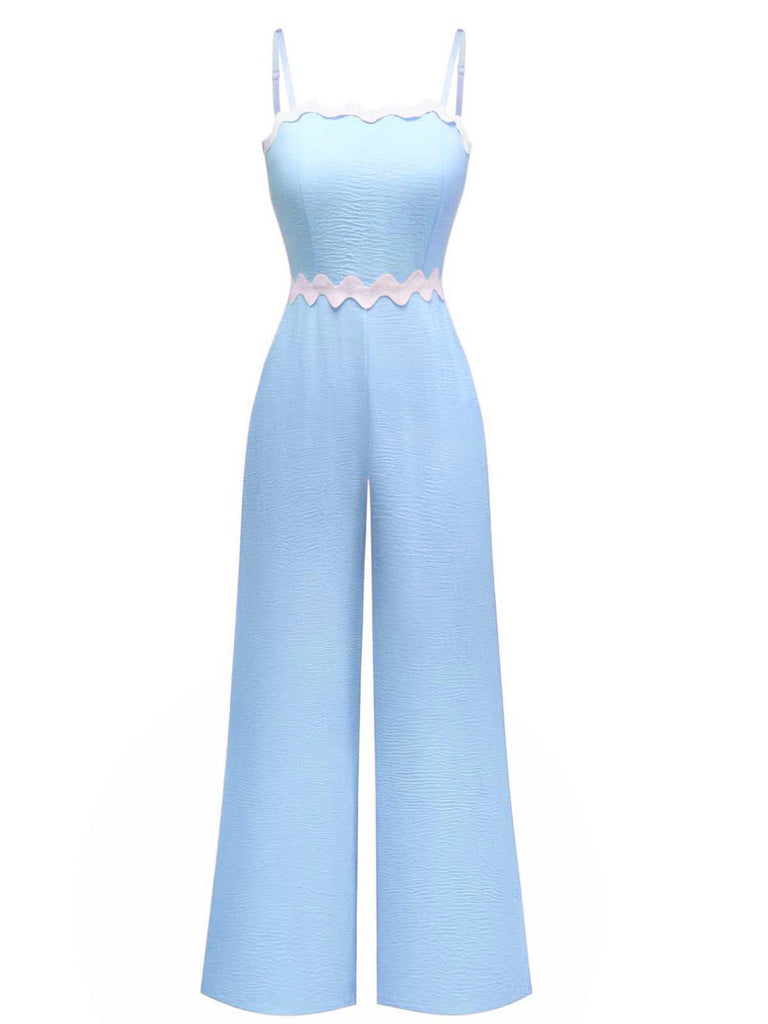 1970s Wave-Trim Spaghetti Strap Wide Leg Jumpsuit