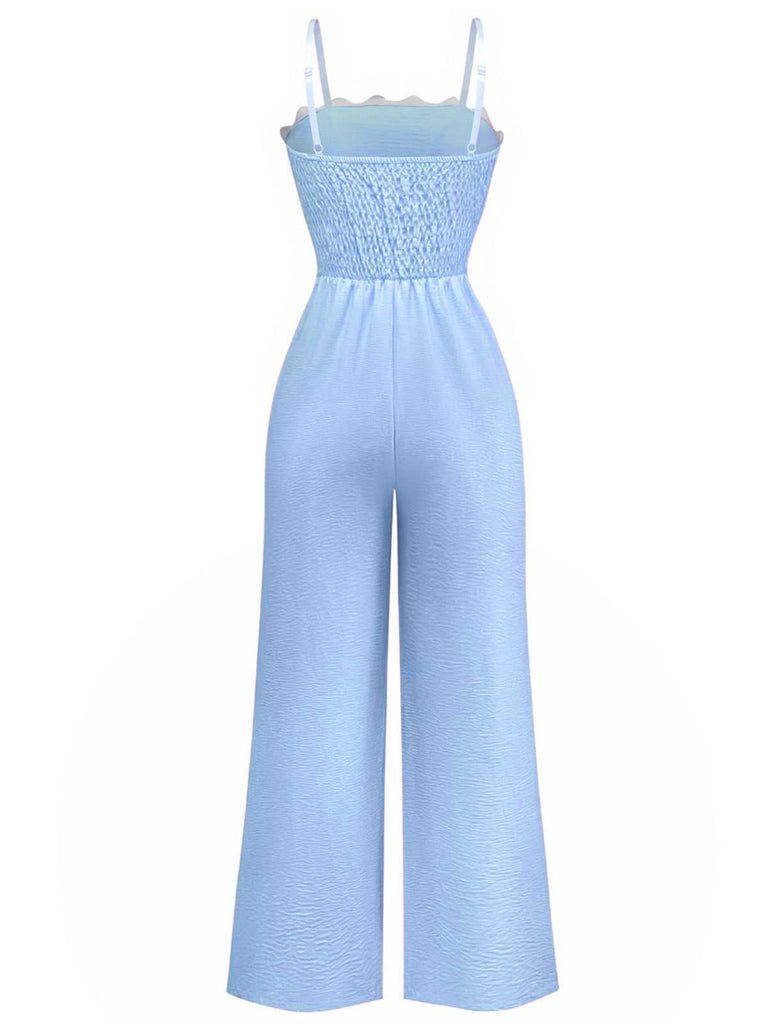 1970s Wave-Trim Spaghetti Strap Wide Leg Jumpsuit