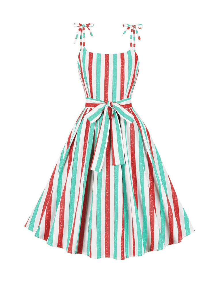 Pink 1950s Shoulder Tie Belted Stripes Dress