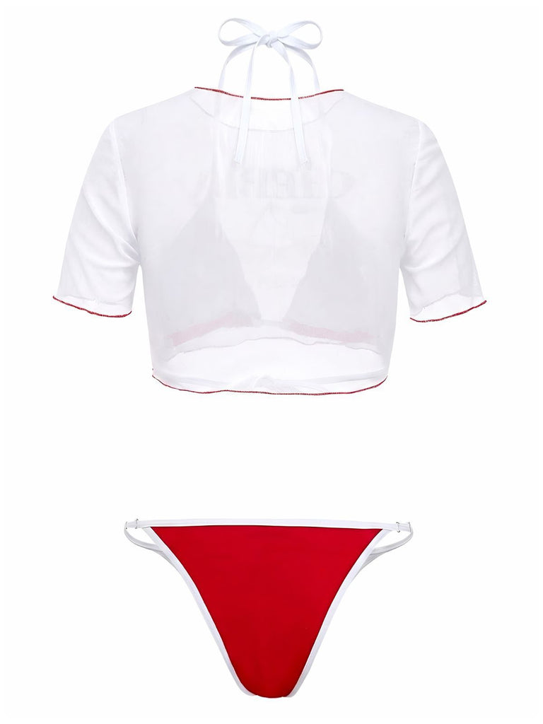 White bikini top with red trim and red bikini bottom on a white background