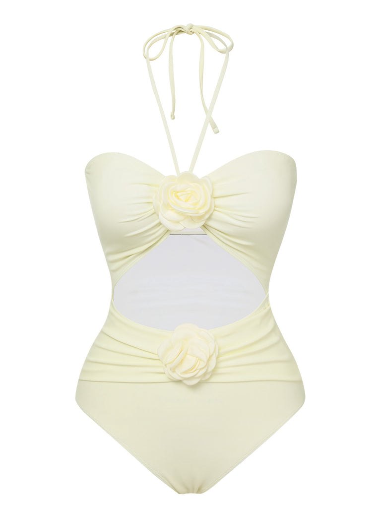 Beige 1930s 3D Flowers Halter One-Piece Swimsuit, vintage swimsuit, pin-up swimwear - perfect for women who love vintage and retro fashion