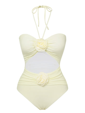 Beige 1930s 3D Flowers Halter One-Piece Swimsuit, vintage swimsuit, pin-up swimwear - perfect for women who love vintage and retro fashion