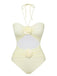 Beige 1930s 3D Flowers Halter One-Piece Swimsuit, vintage swimsuit, pin-up swimwear - perfect for women who love vintage and retro fashion