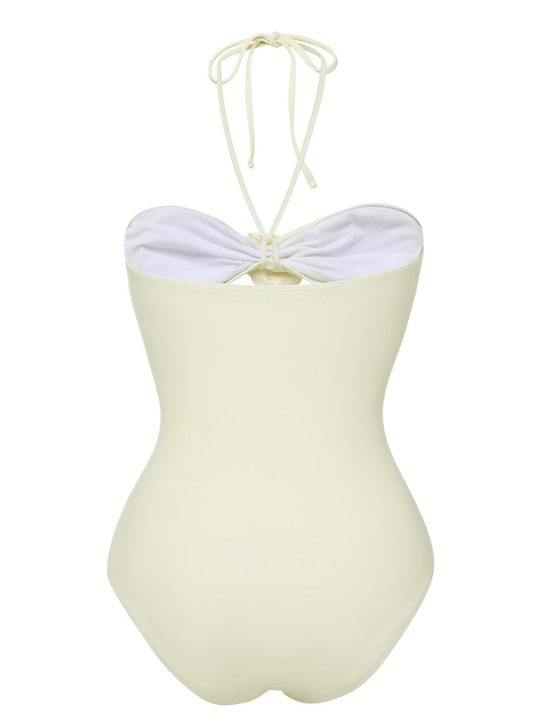 Beige 1930s 3D Flowers Halter One-Piece Swimsuit, vintage swimsuit, pin-up swimwear - perfect for women who love vintage and retro fashion