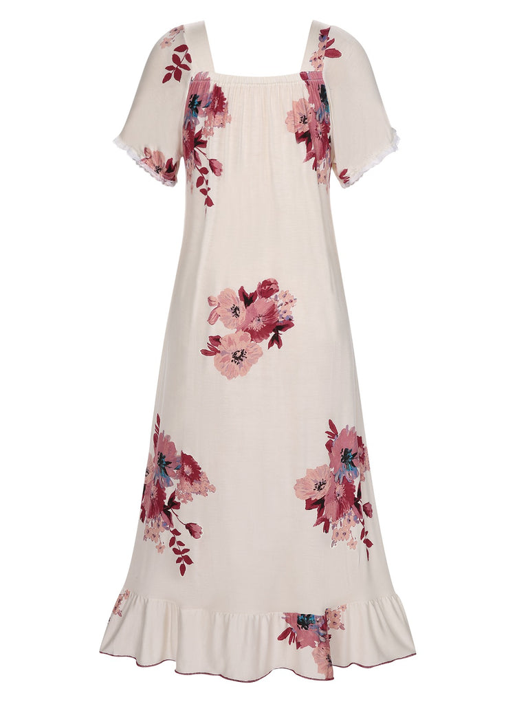 Beige 1930s Floral Square Collar Ruffles Puff Nightgowns, vintage fashion, retro style - perfect for women who love vintage and retro fashion