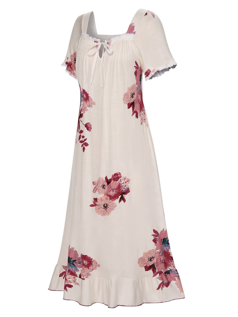 Beige 1930s Floral Square Collar Ruffles Puff Nightgowns, vintage fashion, retro style - perfect for women who love vintage and retro fashion