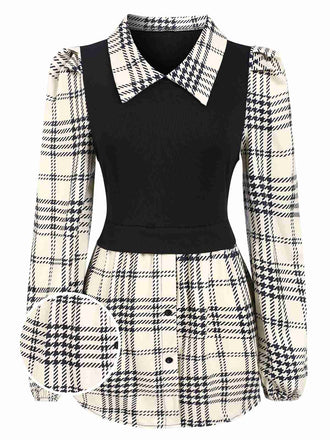 Beige 1930s Plaid Patchwork Puff Sleeve Lapel Shirt, vintage fashion, retro style - perfect for women who love vintage and retro fashion