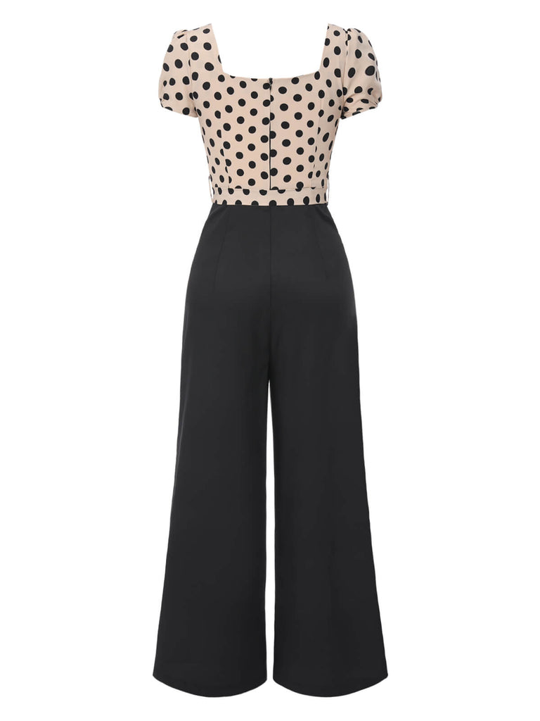 Beige 1930s Polka Dots Sweetheart Neck Jumpsuit — 1930s style that transcends decades