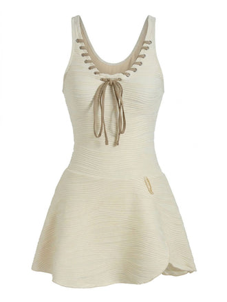 Beige 1930s Solid Lace-Up Swim Dress - vintage dress, retro fashion, elegant style for vintage lovers