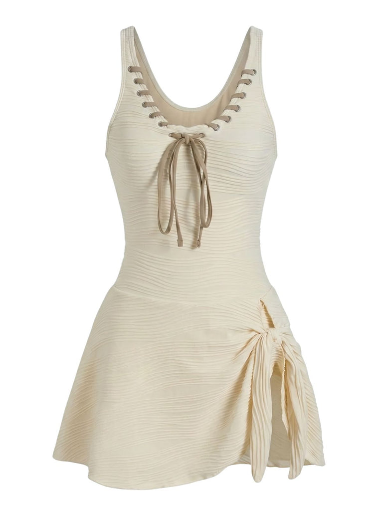 Beige 1930s Solid Lace-Up Swim Dress, vintage dress, retro fashion, lace detail - perfect for women who love vintage and retro fashion