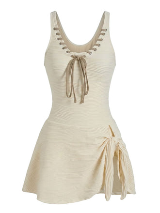 Beige 1930s Solid Lace-Up Swim Dress, vintage dress, retro fashion, lace detail - perfect for women who love vintage and retro fashion