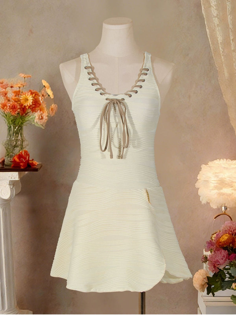 Beige 1930s Solid Lace-Up Swim Dress, vintage dress, retro fashion, lace detail - perfect for women who love vintage and retro fashion