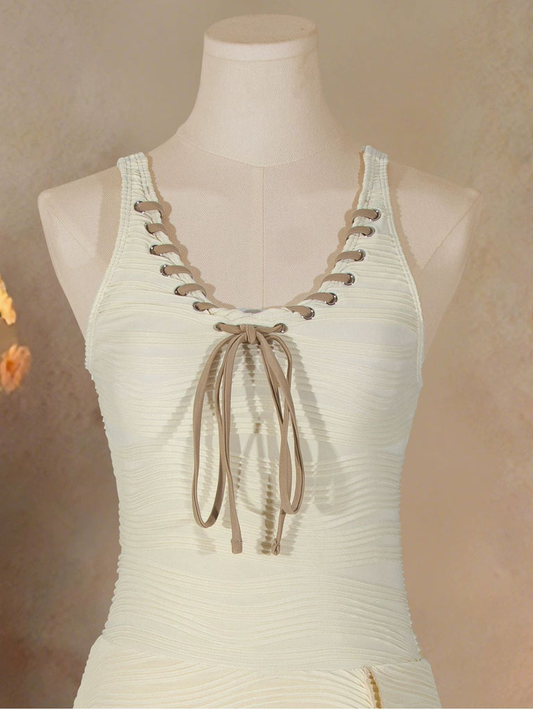 Beige 1930s Solid Lace-Up Swim Dress, vintage dress, retro fashion, lace detail - perfect for women who love vintage and retro fashion