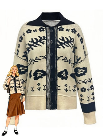 Beige 1940s Floral Drop Shoulder Knit Cardigan - vintage fashion, retro style
