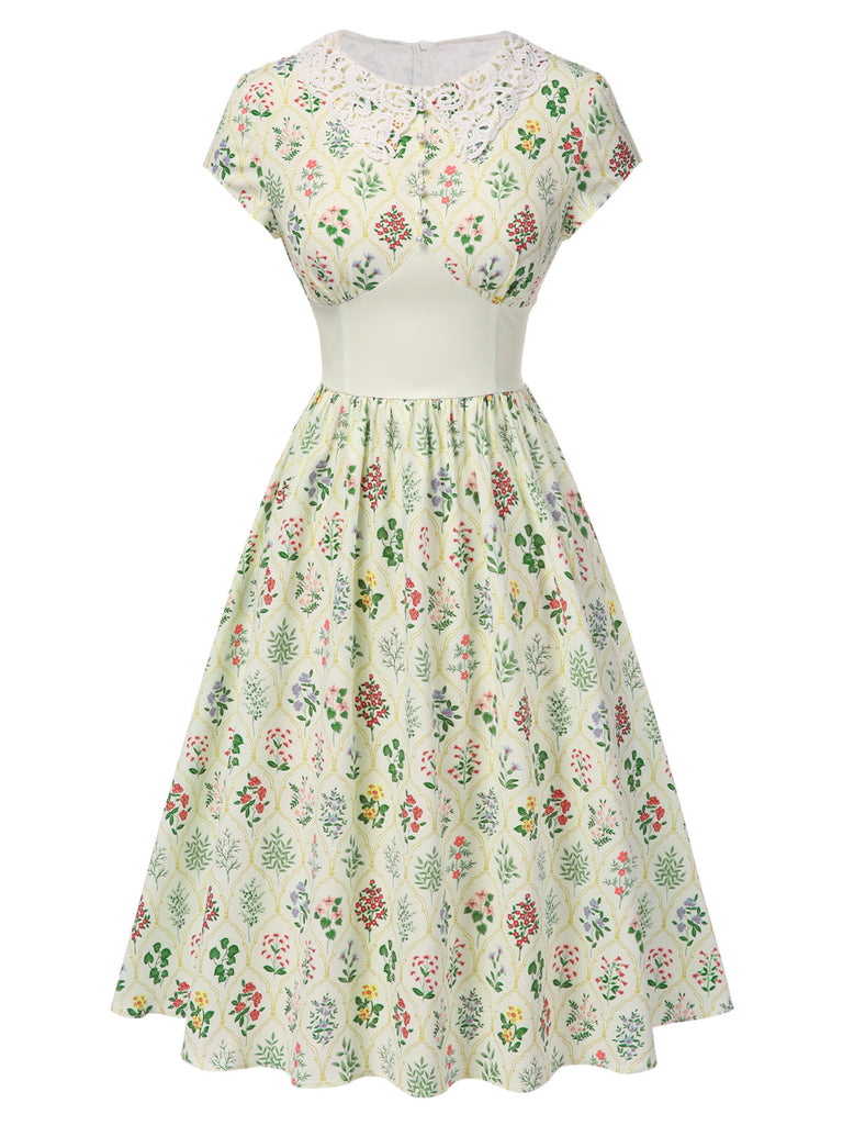 Beige 1940s Floral Lace Collar Cap Sleeve Dress: where 1940s romance meets her modern spirit