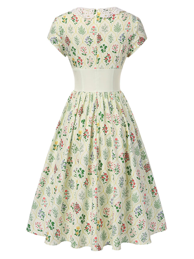 Beige 1940s Floral Lace Collar Cap Sleeve Dress — the kind of 1940s dress that makes strangers smile