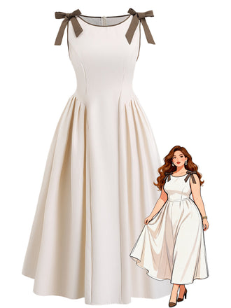 [Plus Size] Beige 1940s Solid Lace-Up Sleeveless Dress - vintage dress, retro fashion, lace detail for vintage lovers
