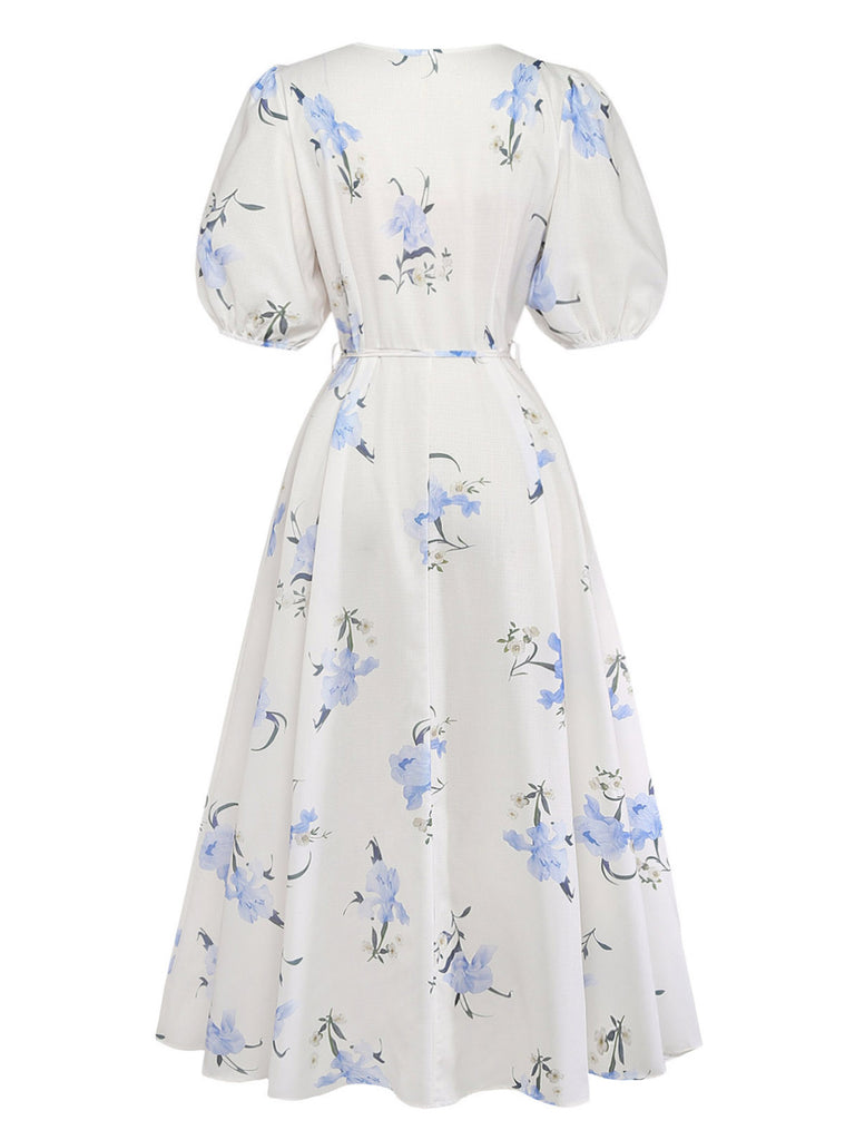 Beige 1940s Floral V Neck Dress 2