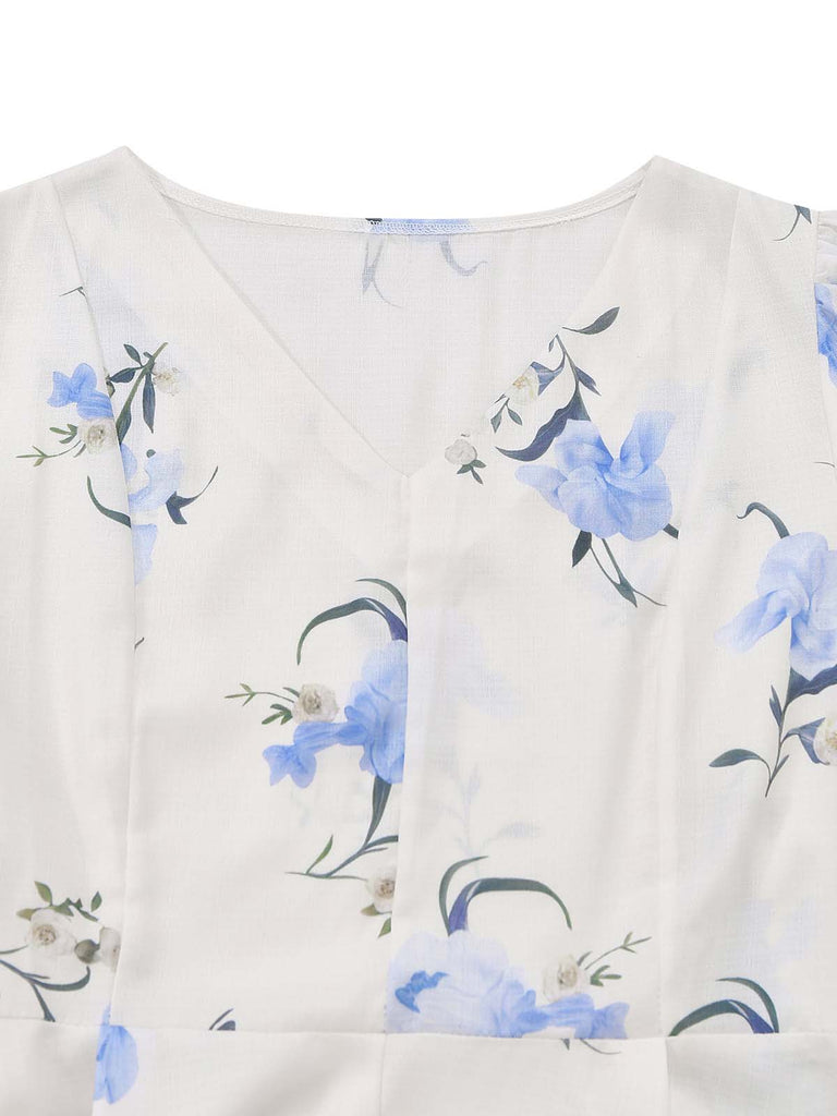 Beige 1940s Floral V Neck Dress 4