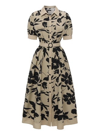 Beige 1940s Shirt-Collar Buttons Floral Printed Dress, vintage dress, retro fashion, floral print - perfect for women who love vintage and retro fashion