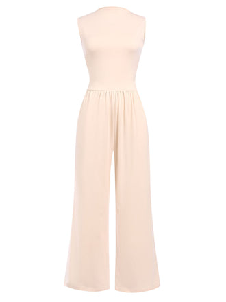 Beige 1940s Solid High Neck Jumpsuit, vintage romper, retro jumpsuit - perfect for women who love vintage and retro fashion