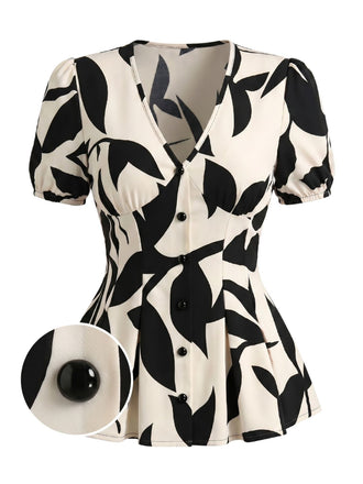 Beige 1940s V-Neck Puff Sleeve Belted Floral Dress, vintage dress, retro fashion, floral print - perfect for women who love vintage and retro fashion