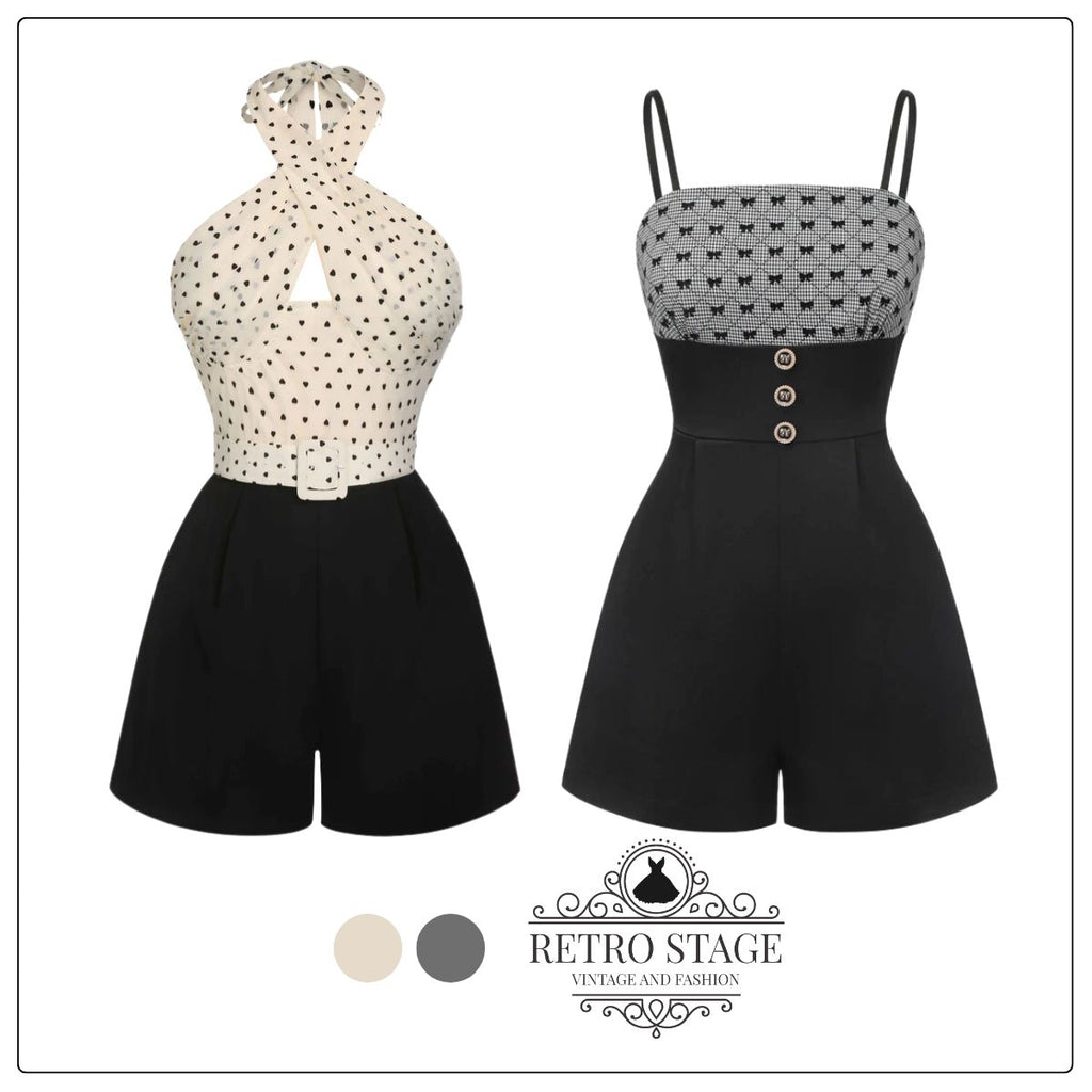 She finds her 1950s story in this Beige 1950s 3D Heart Halter Patchwork Romper