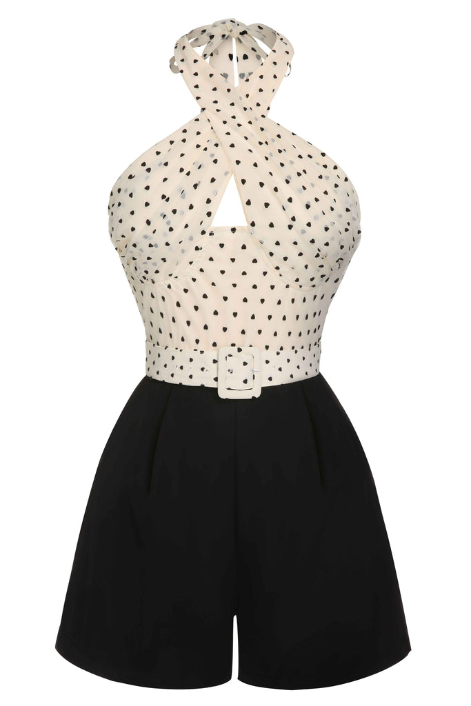 This Beige 1950s 3D Heart Halter Patchwork Romper whispers 1950s secrets to those who notice