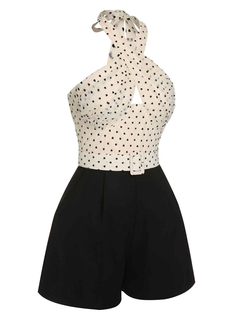 Beige 1950s 3D Heart Halter Patchwork Romper — 1950s style that transcends decades