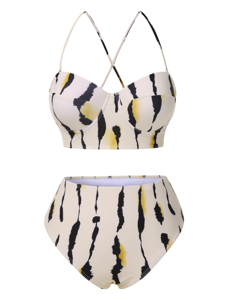 She's wearing Beige 1950s Back Cross Straps Ink Splash Swimsuit and the whole beach remembers the 1950s