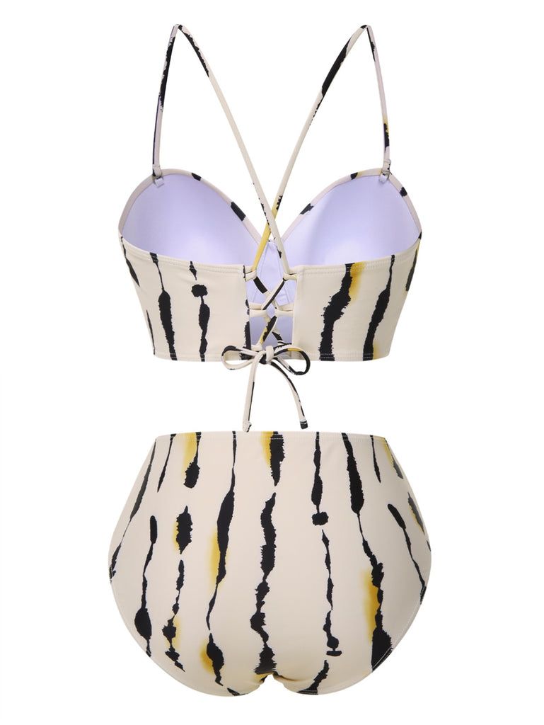Beige 1950s Back Cross Straps Ink Splash Swimsuit: 1950s Riviera elegance, reimagined for her