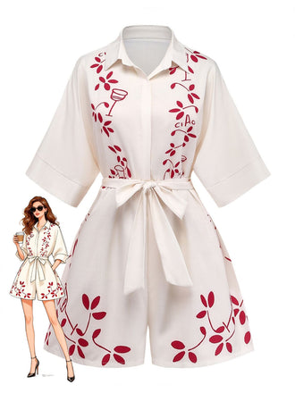 Beige 1950s Botanical Print Belted Romper