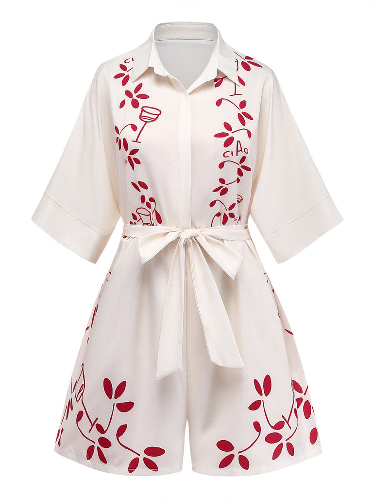 Beige 1950s Botanical Print Belted Romper 2