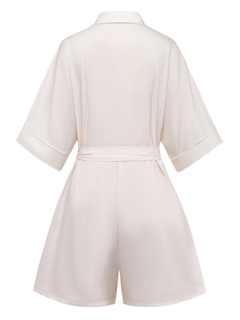 Beige 1950s Botanical Print Belted Romper 3