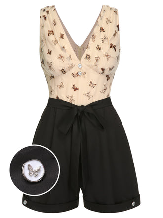 Beige 1950s Butterfly Mesh V-Neck Romper, vintage romper, retro jumpsuit - perfect for women who love vintage and retro fashion