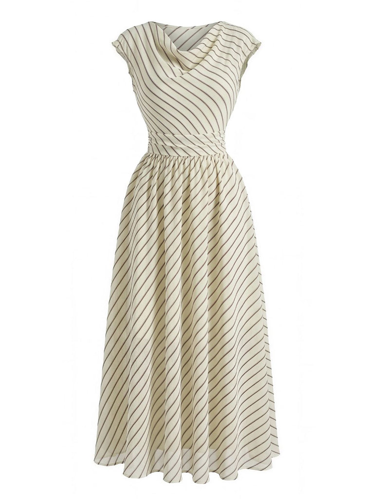 Beige 1950s Chiffon Striped Cowl Neck Swing Dress - vintage dress, retro fashion, rockabilly, pin-up fashion for vintage lovers