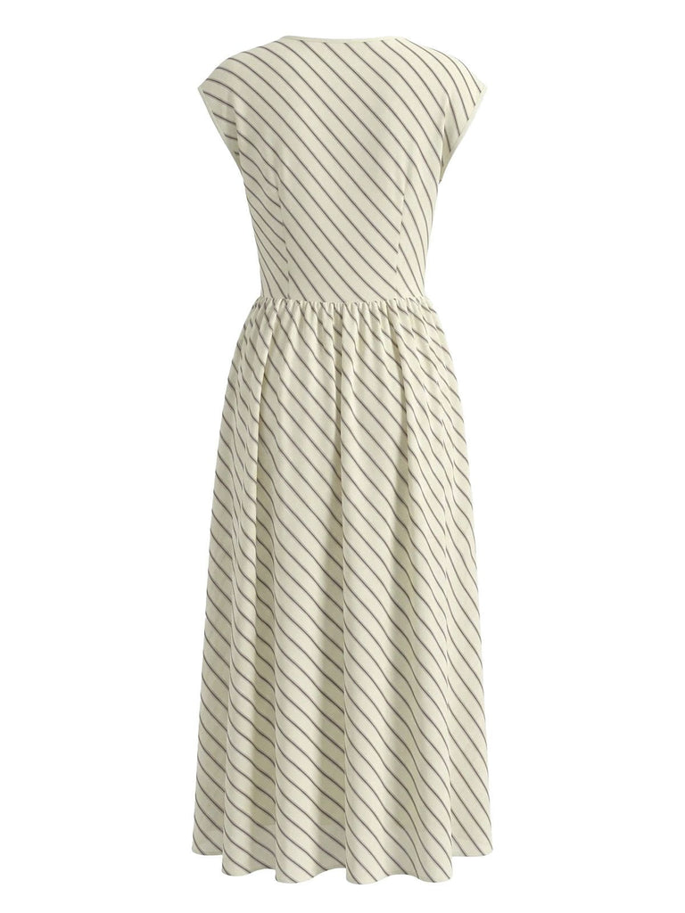 Beige 1950s Chiffon Striped Cowl Neck Swing Dress - vintage dress, retro fashion, rockabilly, pin-up fashion for vintage lovers