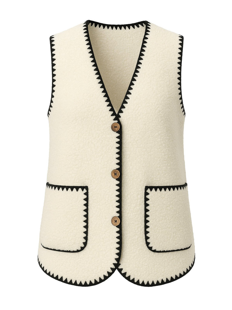 Beige 1950s Faux-Wool Binding Pocket Vest - vintage fashion, retro style