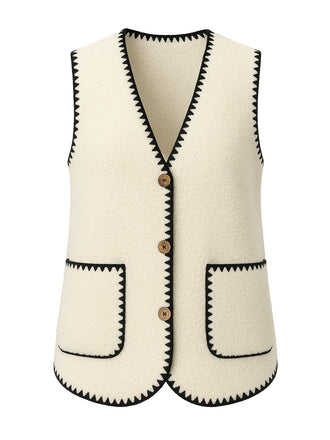 Beige 1950s Faux-Wool Binding Pocket Vest - vintage fashion, retro style