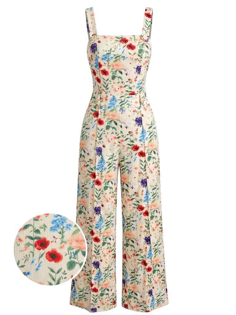 Beige 1950s Floral Butterfly Print Button Romper, vintage romper, retro jumpsuit - perfect for women who love vintage and retro fashion